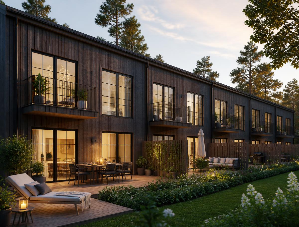 Illustration av bostadsrätter i radhus- och parhusform