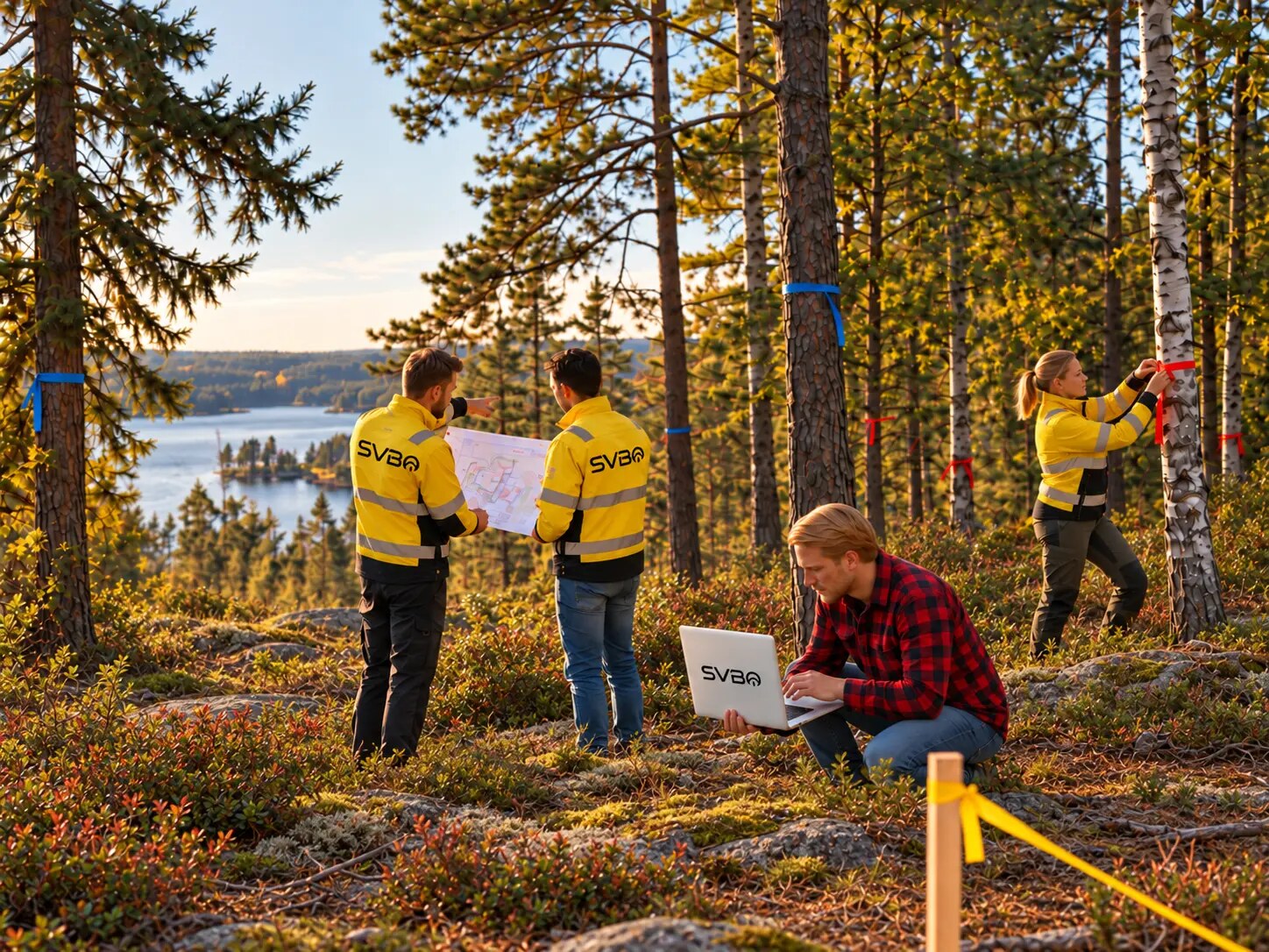 SVBO-teamet i varseljackor går runt på marken, mäter och märker träd