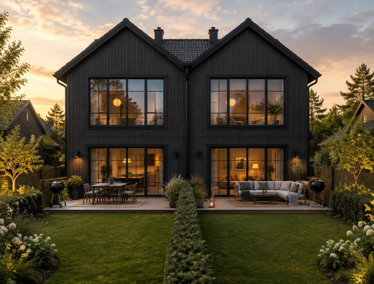 Parhus med stora fönster, altan och egen trädgård